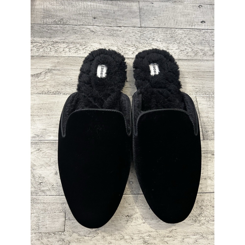 Birdies The Phoebe Black Velvet Faux Fur Lined Mule Slides Flat 9.5 Slippers